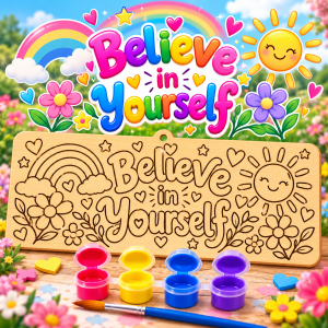 Believe in Yourself kit designed for children aged 8β12. Each 10 Γ 25 cm wooden board is laser-engraved with a detailed design ready to paint. With 4 bright colours and a paintbrush included, children can create their own colourful masterpiece and then display it as a keepsake.