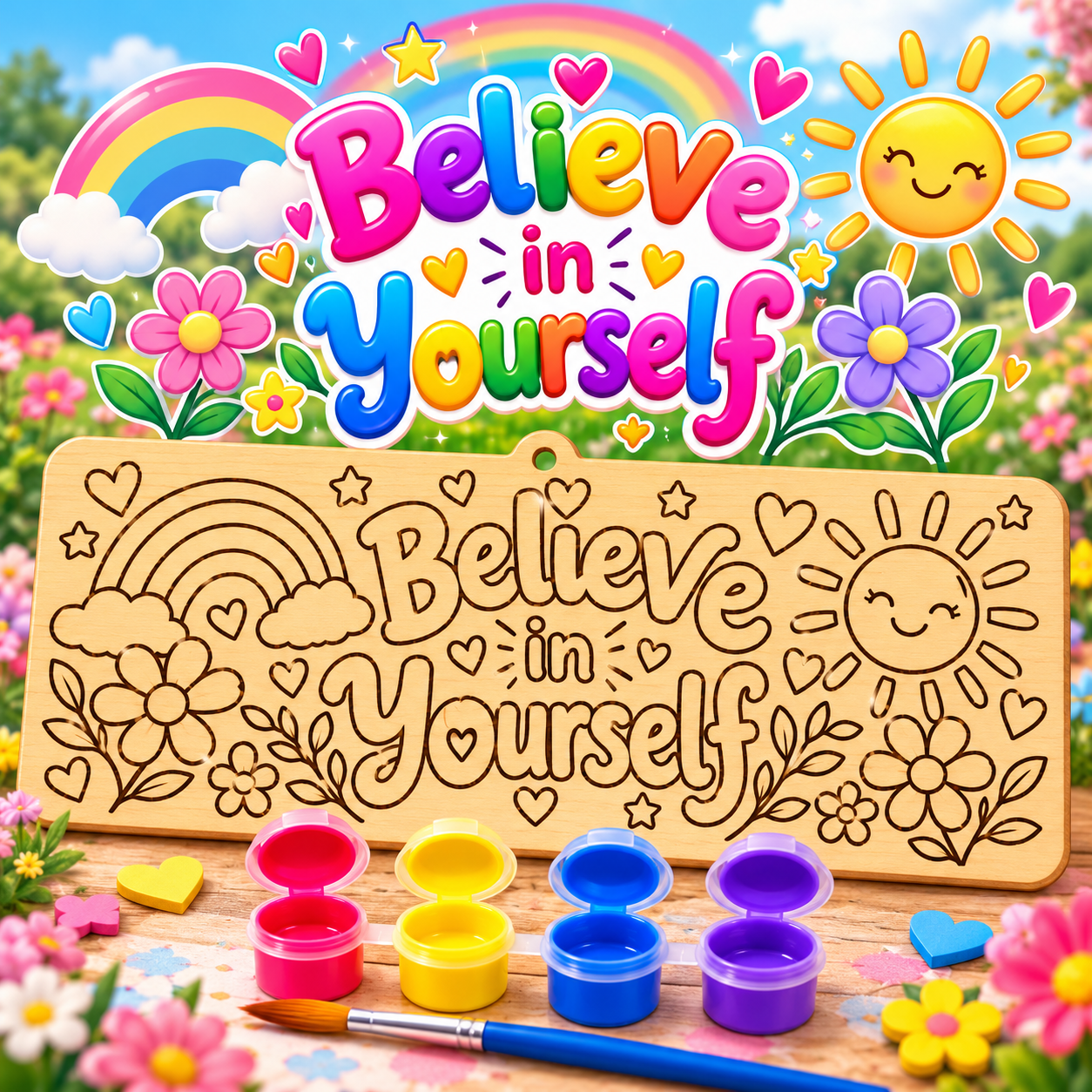 Believe in Yourself kit designed for children aged 8–12. Each 10 × 25 cm wooden board is laser-engraved with a detailed design ready to paint. With 4 bright colours and a paintbrush included, children can create their own colourful masterpiece and then display it as a keepsake.