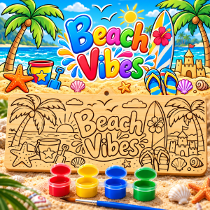 Beach Vibes kit designed for children aged 8β12. Each 10 Γ 25 cm wooden board is laser-engraved with a detailed design ready to paint. With 4 bright colours and a paintbrush included, children can create their own colourful masterpiece and then display it as a keepsake.