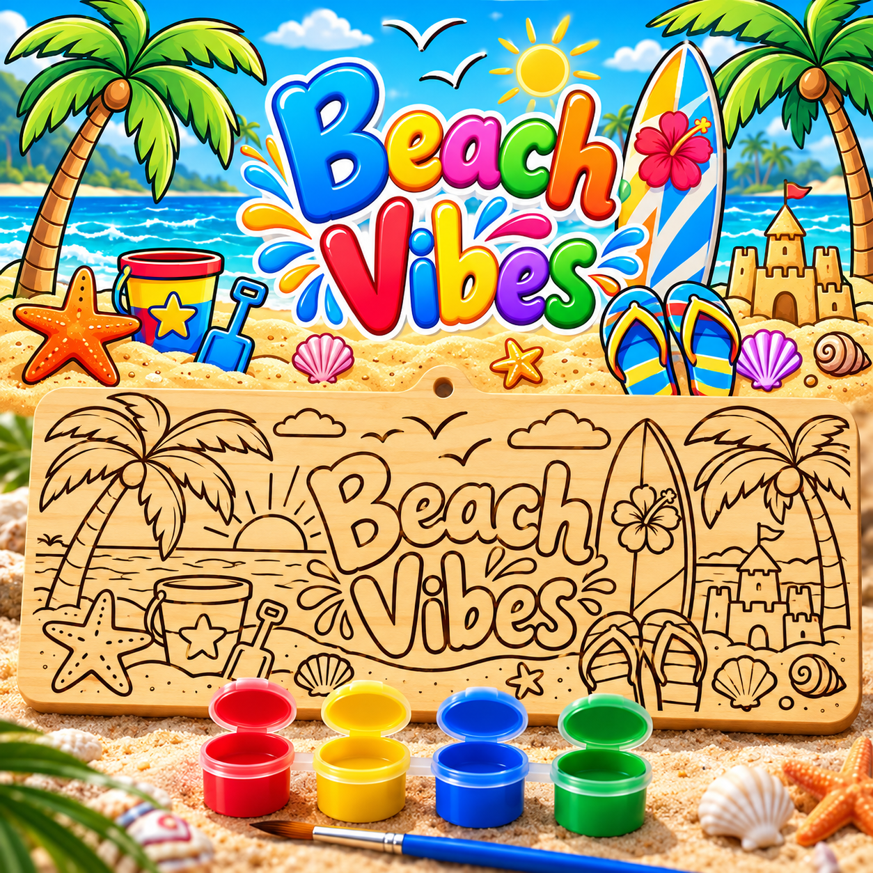 Beach Vibes kit designed for children aged 8–12. Each 10 × 25 cm wooden board is laser-engraved with a detailed design ready to paint. With 4 bright colours and a paintbrush included, children can create their own colourful masterpiece and then display it as a keepsake.