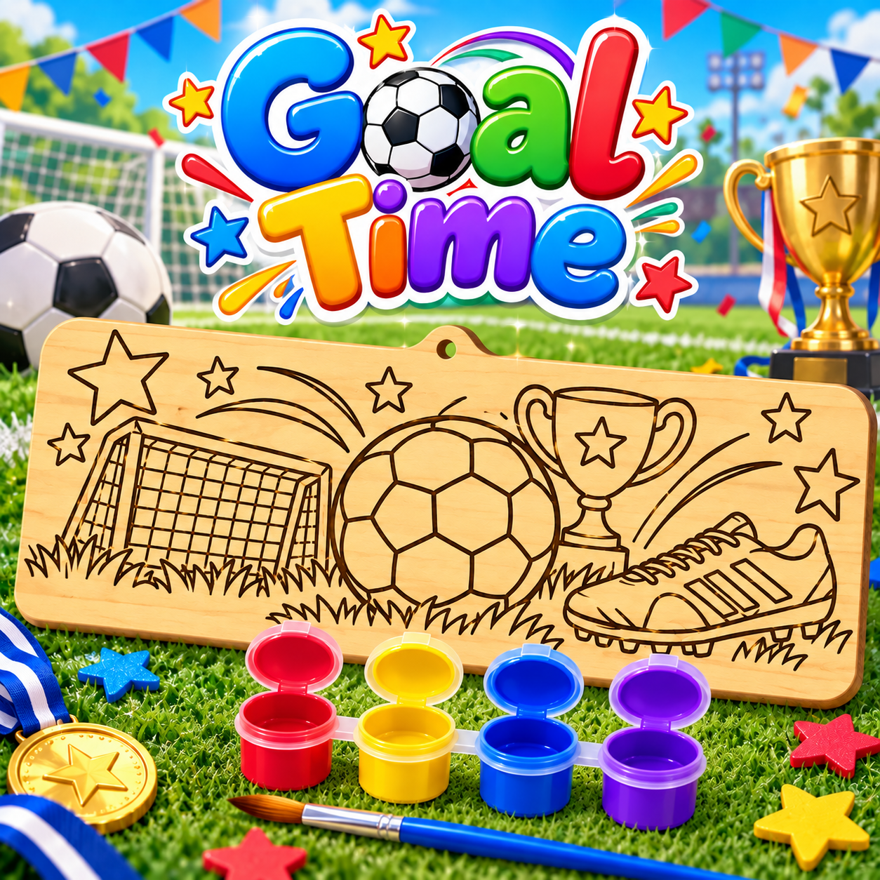 Goal Time designed for children aged 8–12. Each 10 × 25 cm wooden board is laser-engraved with a detailed design ready to paint. With 4 bright colours and a paintbrush included, children can create their own colourful masterpiece and then display it as a keepsake.