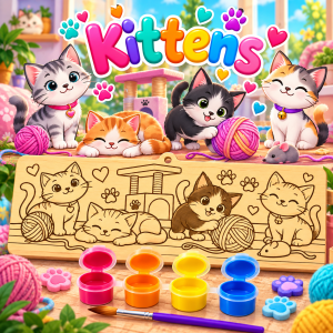 Kittens Wooden designed for children aged 8β12. Each 10 Γ 25 cm wooden board is laser-engraved with a detailed design ready to paint. With 4 bright colours and a paintbrush included, children can create their own colourful masterpiece and then display it as a keepsake.
