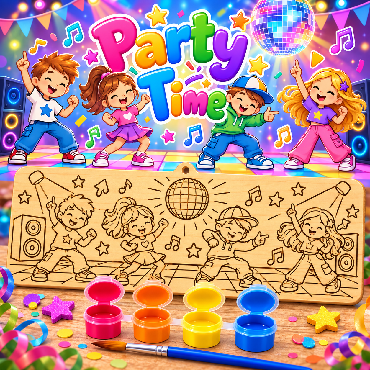 Paty Time creative kit designed for children aged 8–12. Each 10 × 25 cm wooden board is laser-engraved with a detailed design ready to paint. With 4 bright colours and a paintbrush included, children can create their own colourful masterpiece and then display it as a keepsake.