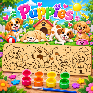 Puppies creative kit designed for children aged 8β12. Each 10 Γ 25 cm wooden board is laser-engraved with a detailed design ready to paint. With 4 bright colours and a paintbrush included, children can create their own colourful masterpiece and then display it as a keepsake.