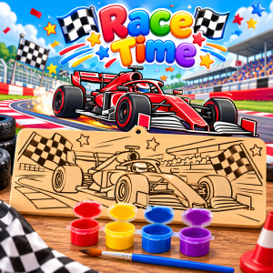 Race Time creative kit designed for children aged 8β12. Each 10 Γ 25 cm wooden board is laser-engraved with a detailed design ready to paint. With 4 bright colours and a paintbrush included, children can create their own colourful masterpiece and then display it as a keepsake.