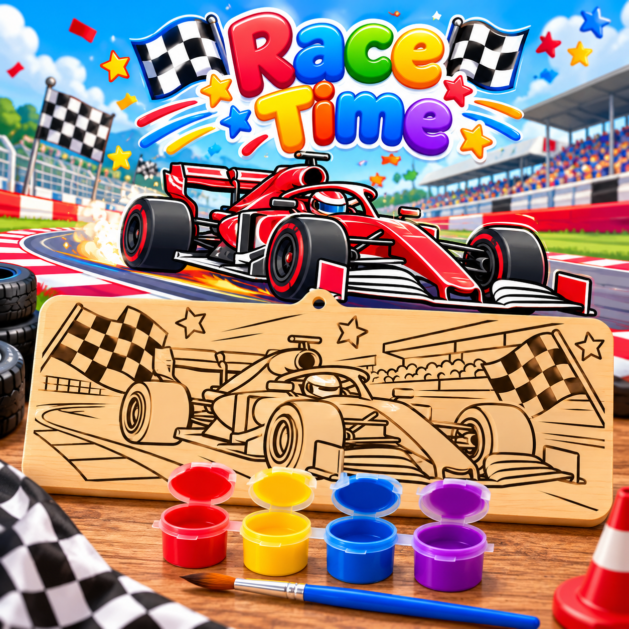 Race Time creative kit designed for children aged 8–12. Each 10 × 25 cm wooden board is laser-engraved with a detailed design ready to paint. With 4 bright colours and a paintbrush included, children can create their own colourful masterpiece and then display it as a keepsake.