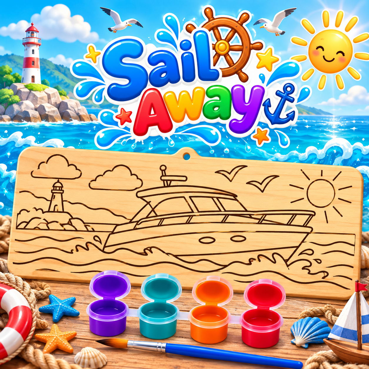 Sail Away creative kit designed for children aged 8–12. Each 10 × 25 cm wooden board is laser-engraved with a detailed design ready to paint. With 4 bright colours and a paintbrush included, children can create their own colourful masterpiece and then display it as a keepsake.