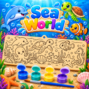 Sea World creative kit designed for children aged 8–12. Each 10 × 25 cm wooden board is laser-engraved with a detailed design ready to paint. With 4 bright colours and a paintbrush included, children can create their own colourful masterpiece and then display it as a keepsake.