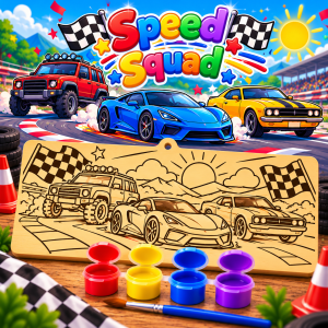 Speed Squad creative kit designed for children aged 8–12. Each 10 × 25 cm wooden board is laser-engraved with a detailed design ready to paint. With 4 bright colours and a paintbrush included, children can create their own colourful masterpiece and then display it as a keepsake.