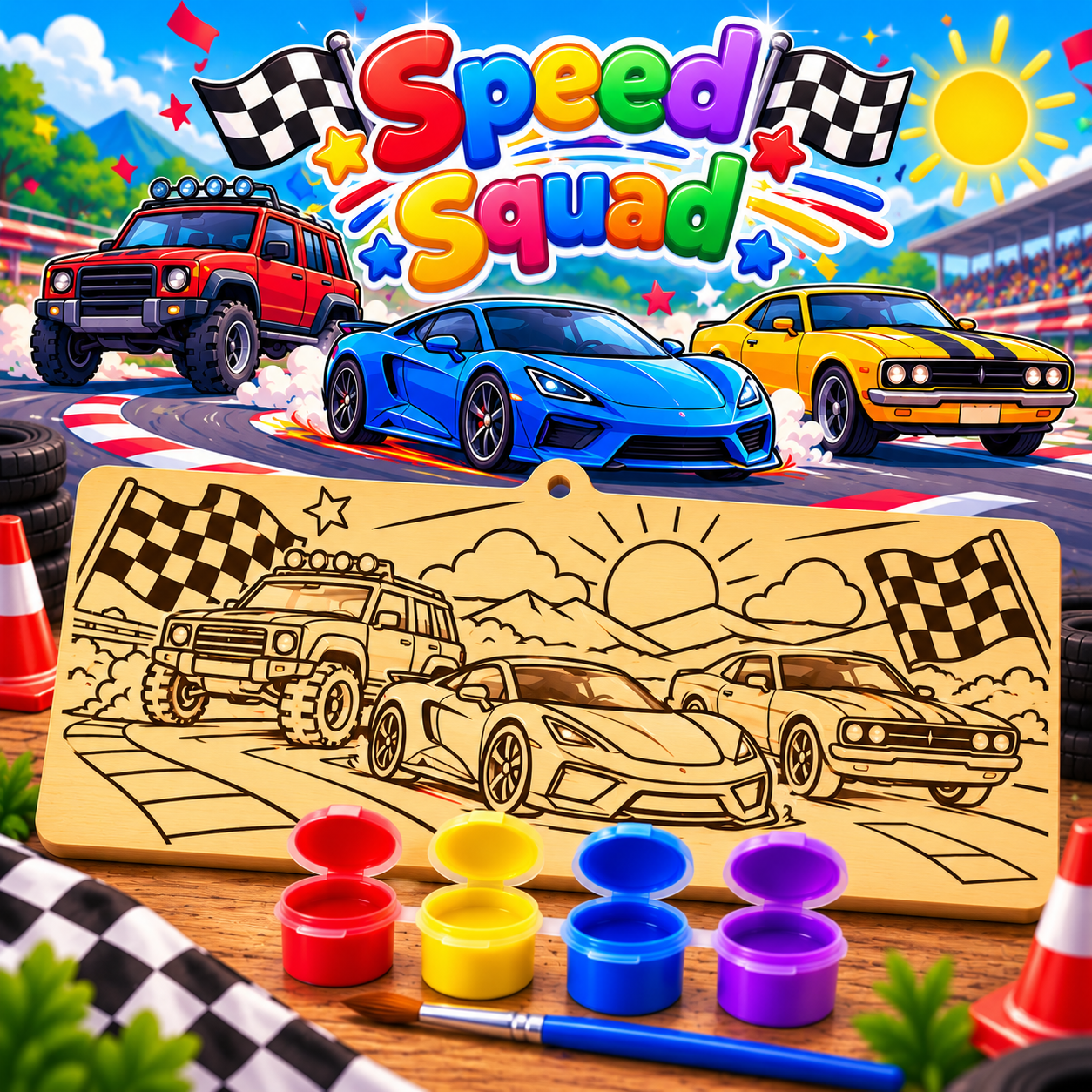 Speed Squad creative kit designed for children aged 8–12. Each 10 × 25 cm wooden board is laser-engraved with a detailed design ready to paint. With 4 bright colours and a paintbrush included, children can create their own colourful masterpiece and then display it as a keepsake.